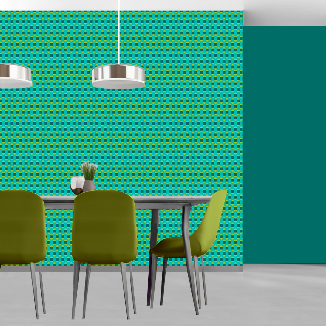 The artwork features a repeating geometric pattern of symmetrical shapes resembling elongated, curved diamonds or petals in various shades of blue and green. Each shape is split vertically with one half filled with a light blue and the other half filled with green or darker blue. The background is a light, almost pastel blue, which provides a soft yet vibrant backdrop. One of the blue shapes near the upper left contains a white starburst element, adding a focal point of brightness to the composition. The overall design conveys a modern, mid-century aesthetic with clean lines and harmonious color contrasts.